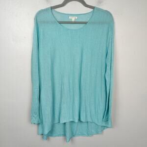 Eileen Fisher Semi-Sheer Linen Top Womens Medium Teal Green Scoopenck Boxy Beach